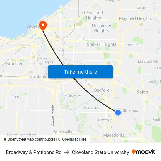Broadway & Pettibone Rd to Cleveland State University map