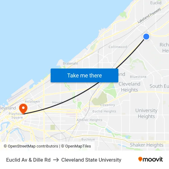 Euclid Av & Dille Rd to Cleveland State University map