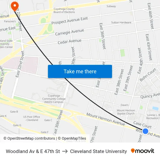 Woodland Av & E 47th St to Cleveland State University map