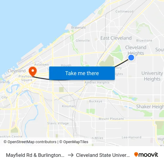 Mayfield Rd & Burlington Rd to Cleveland State University map