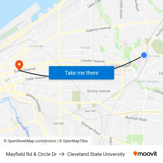 Mayfield Rd & Circle Dr to Cleveland State University map