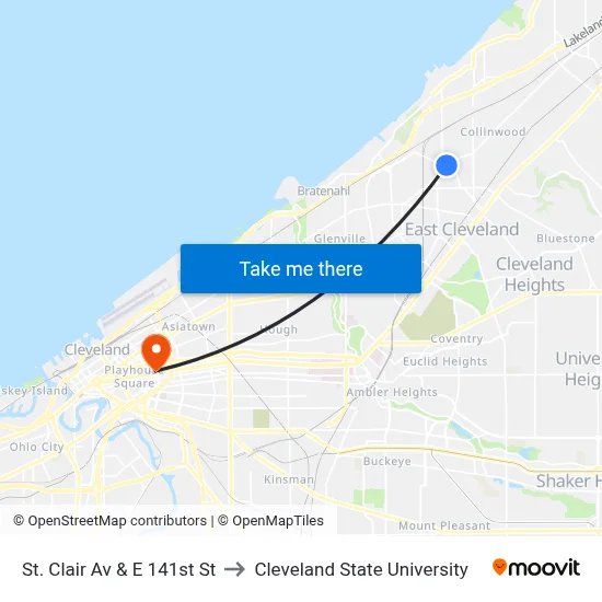 St. Clair Av & E 141st St to Cleveland State University map