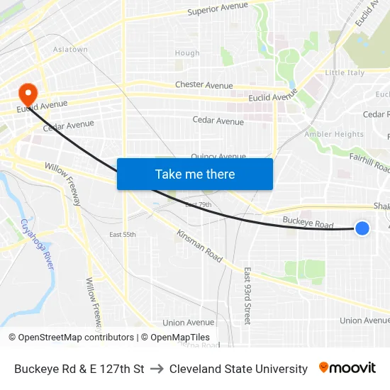 Buckeye Rd & E 127th St to Cleveland State University map