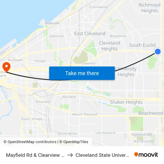 Mayfield Rd & Clearview Rd to Cleveland State University map