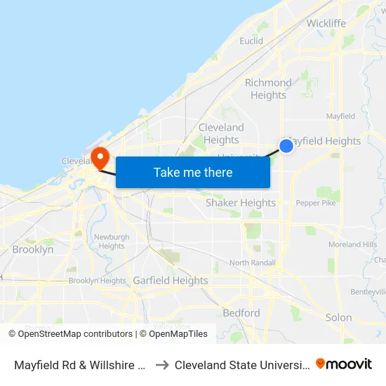 Mayfield Rd & Willshire Rd to Cleveland State University map