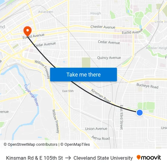 Kinsman Rd & E 105th St to Cleveland State University map