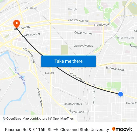 Kinsman Rd & E 116th St to Cleveland State University map