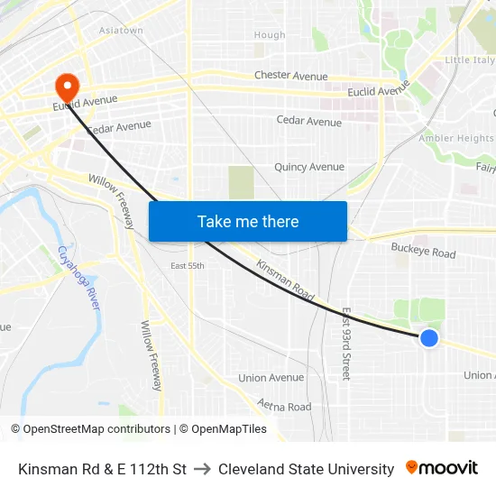 Kinsman Rd & E 112th St to Cleveland State University map