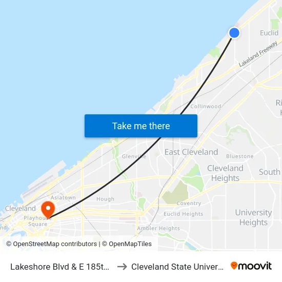Lakeshore Blvd & E 185th St to Cleveland State University map