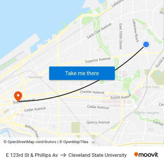 E 123rd St & Phillips Av to Cleveland State University map