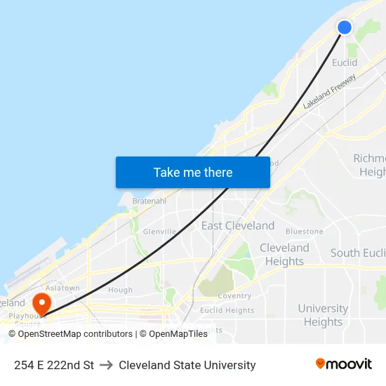 254 E 222nd St to Cleveland State University map
