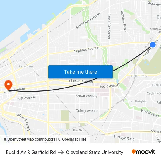 Euclid Av & Garfield Rd to Cleveland State University map