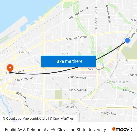 Euclid Av & Delmont Av to Cleveland State University map