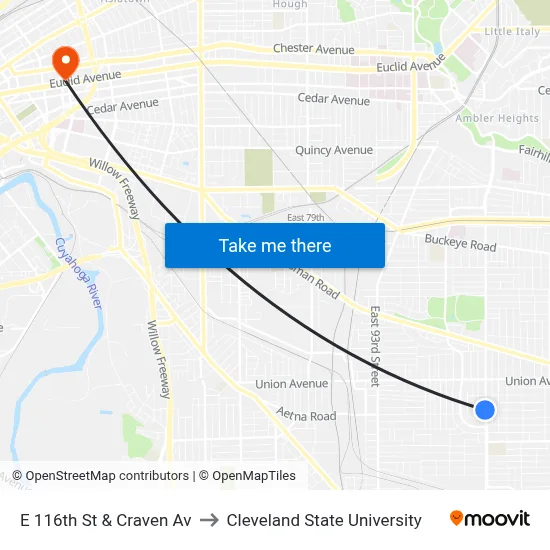 E 116th St & Craven Av to Cleveland State University map