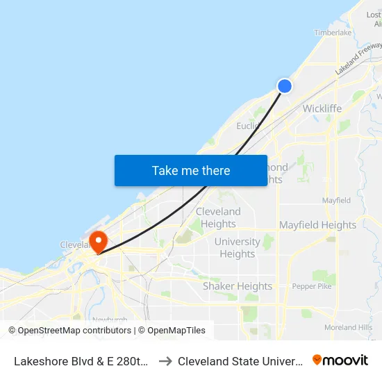 Lakeshore Blvd & E 280th St to Cleveland State University map