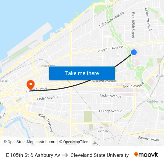 E 105th St & Ashbury Av to Cleveland State University map