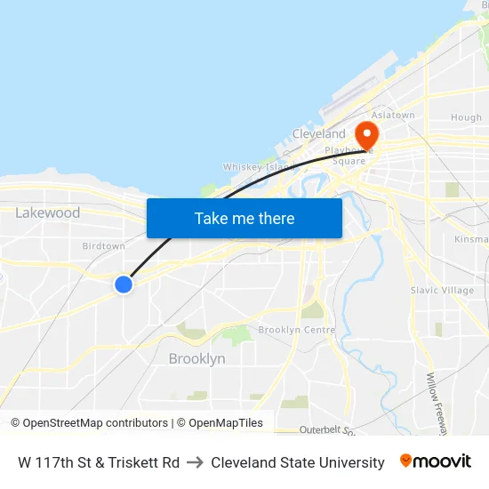 W 117th St & Triskett Rd to Cleveland State University map
