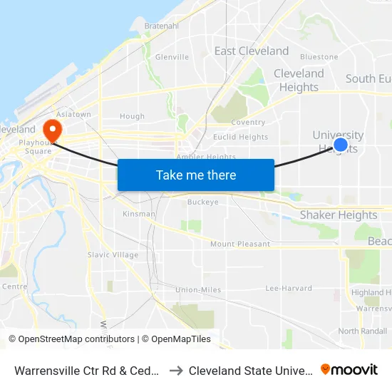 Warrensville Ctr Rd & Cedar Rd to Cleveland State University map