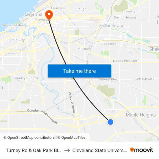 Turney Rd & Oak Park Blvd to Cleveland State University map