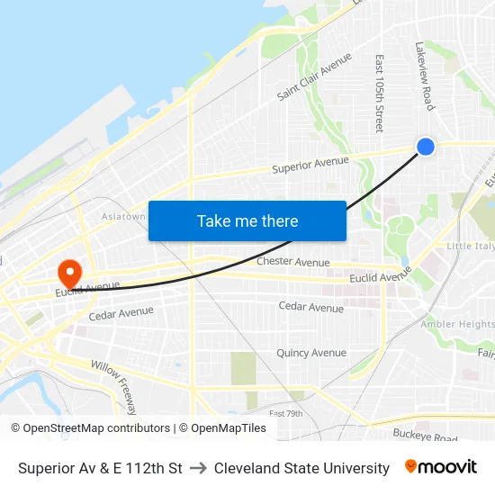 Superior Av & E 112th St to Cleveland State University map