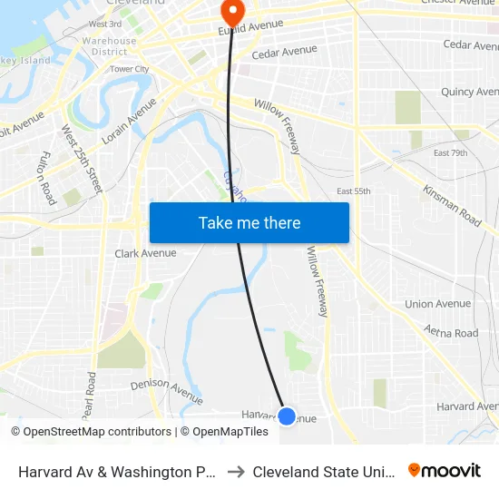 Harvard Av & Washington Park Blvd to Cleveland State University map