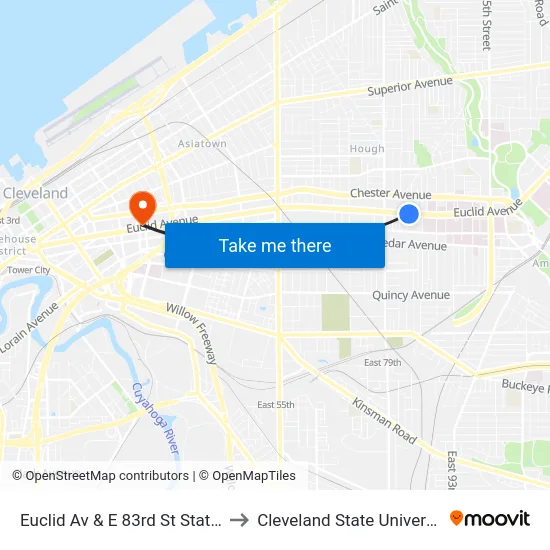 Euclid Av & E 83rd St Station to Cleveland State University map