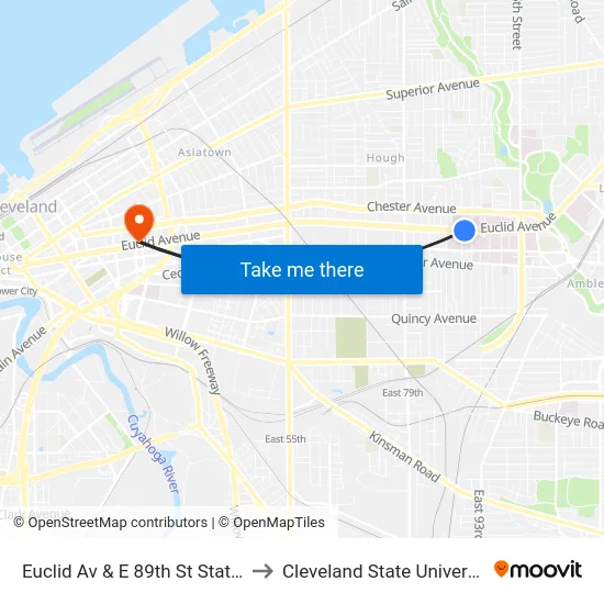 Euclid Av & E 89th St Station to Cleveland State University map
