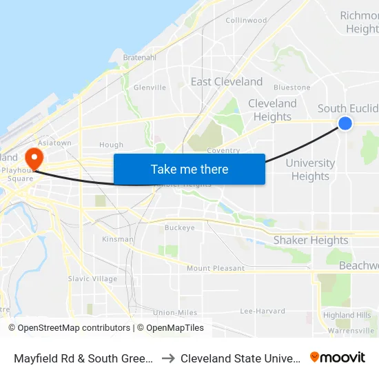 Mayfield Rd & South Green Rd to Cleveland State University map