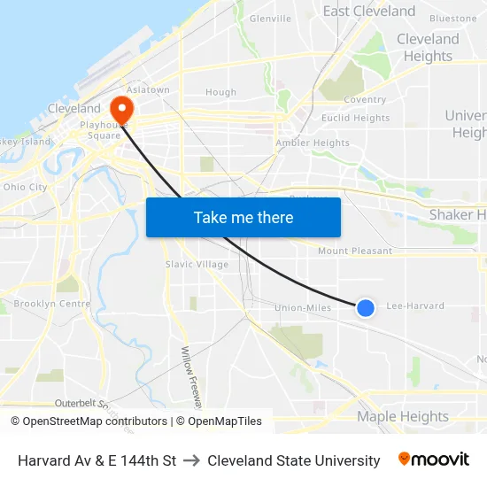 Harvard Av & E 144th St to Cleveland State University map