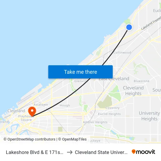 Lakeshore Blvd & E 171st St to Cleveland State University map