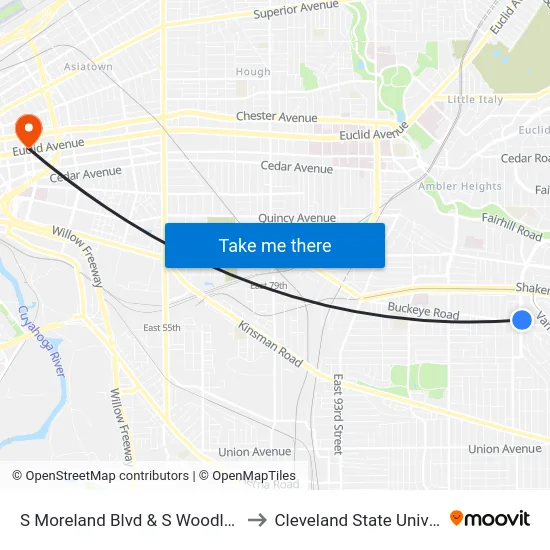 S Moreland Blvd & S Woodland Rd to Cleveland State University map