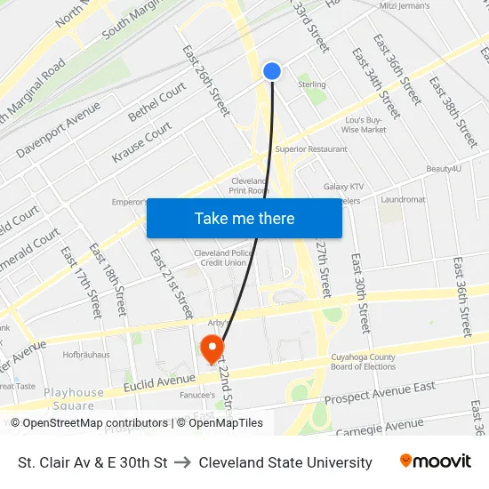 St. Clair Av & E 30th St to Cleveland State University map