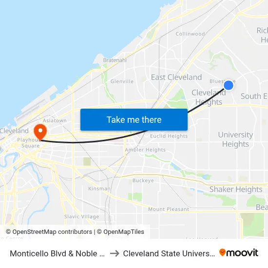 Monticello Blvd & Noble Rd to Cleveland State University map