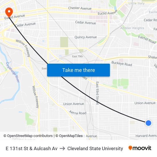 E 131st St & Aulcash Av to Cleveland State University map