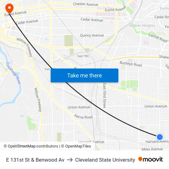 E 131st St & Benwood Av to Cleveland State University map
