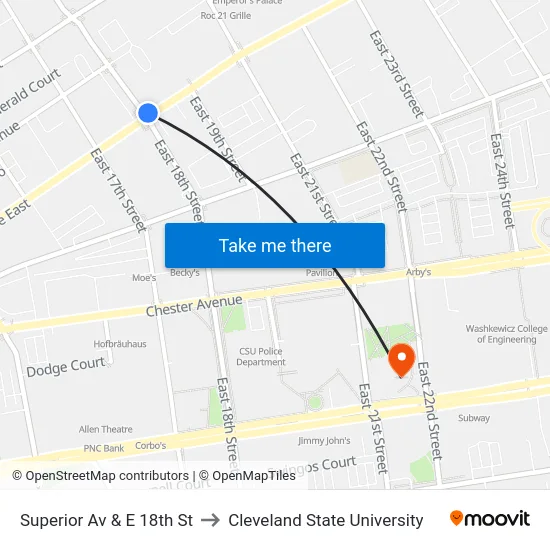 Superior Av & E 18th St to Cleveland State University map