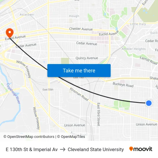 E 130th St & Imperial Av to Cleveland State University map