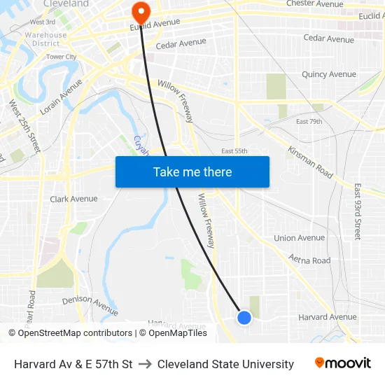 Harvard Av & E 57th St to Cleveland State University map