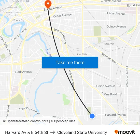 Harvard Av & E 64th St to Cleveland State University map