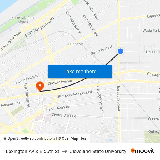 Lexington Av & E 55th St to Cleveland State University map