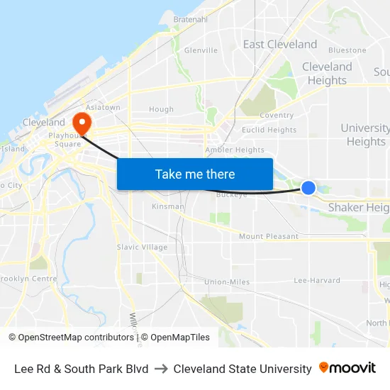 Lee Rd & South Park Blvd to Cleveland State University map