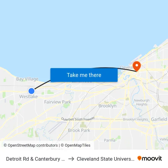 Detroit Rd & Canterbury Rd to Cleveland State University map