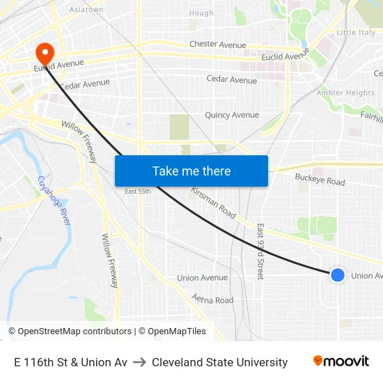 E 116th St & Union Av to Cleveland State University map