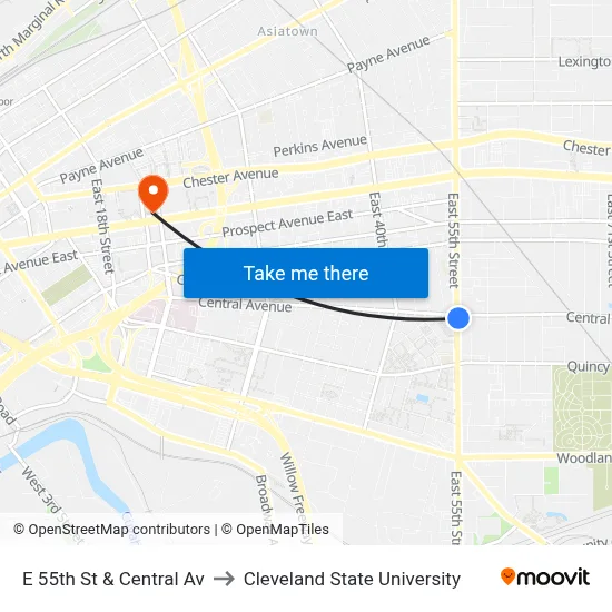 E 55th St & Central Av to Cleveland State University map