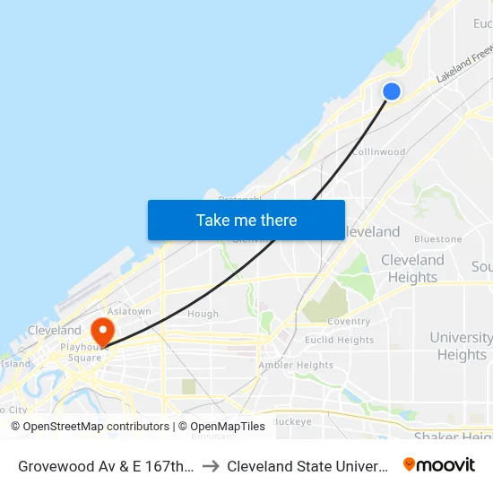 Grovewood Av & E 167th St to Cleveland State University map