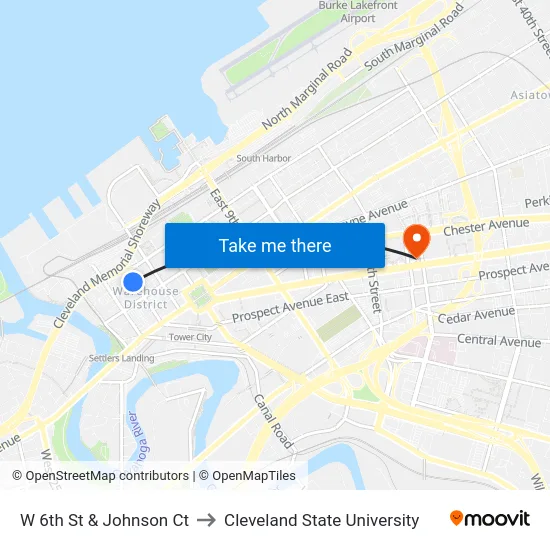 W 6th St & Johnson Ct to Cleveland State University map