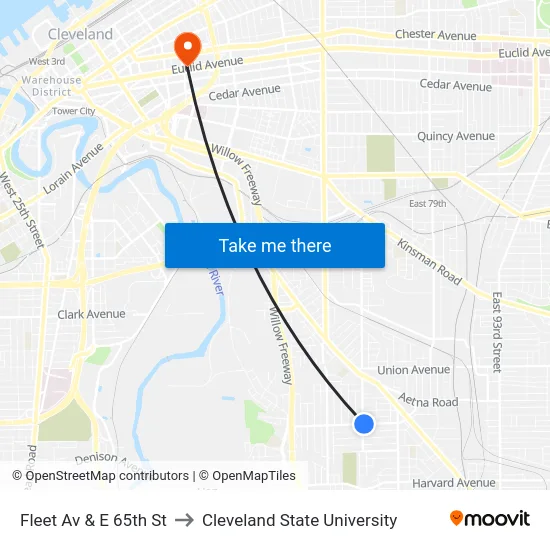 Fleet Av & E 65th St to Cleveland State University map