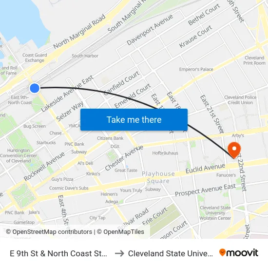 E 9th St & North Coast Station to Cleveland State University map