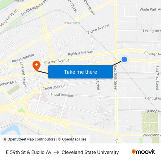 E 59th St & Euclid Av to Cleveland State University map