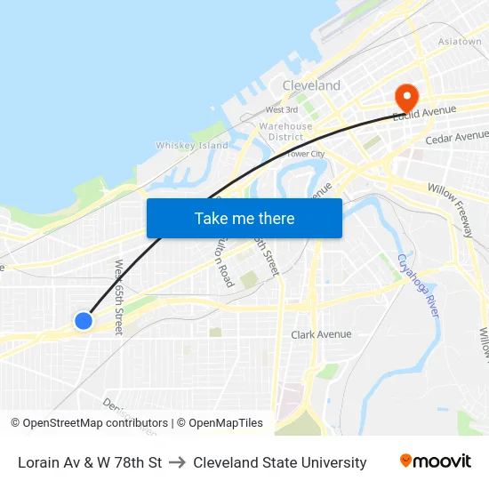 Lorain Av & W 78th St to Cleveland State University map